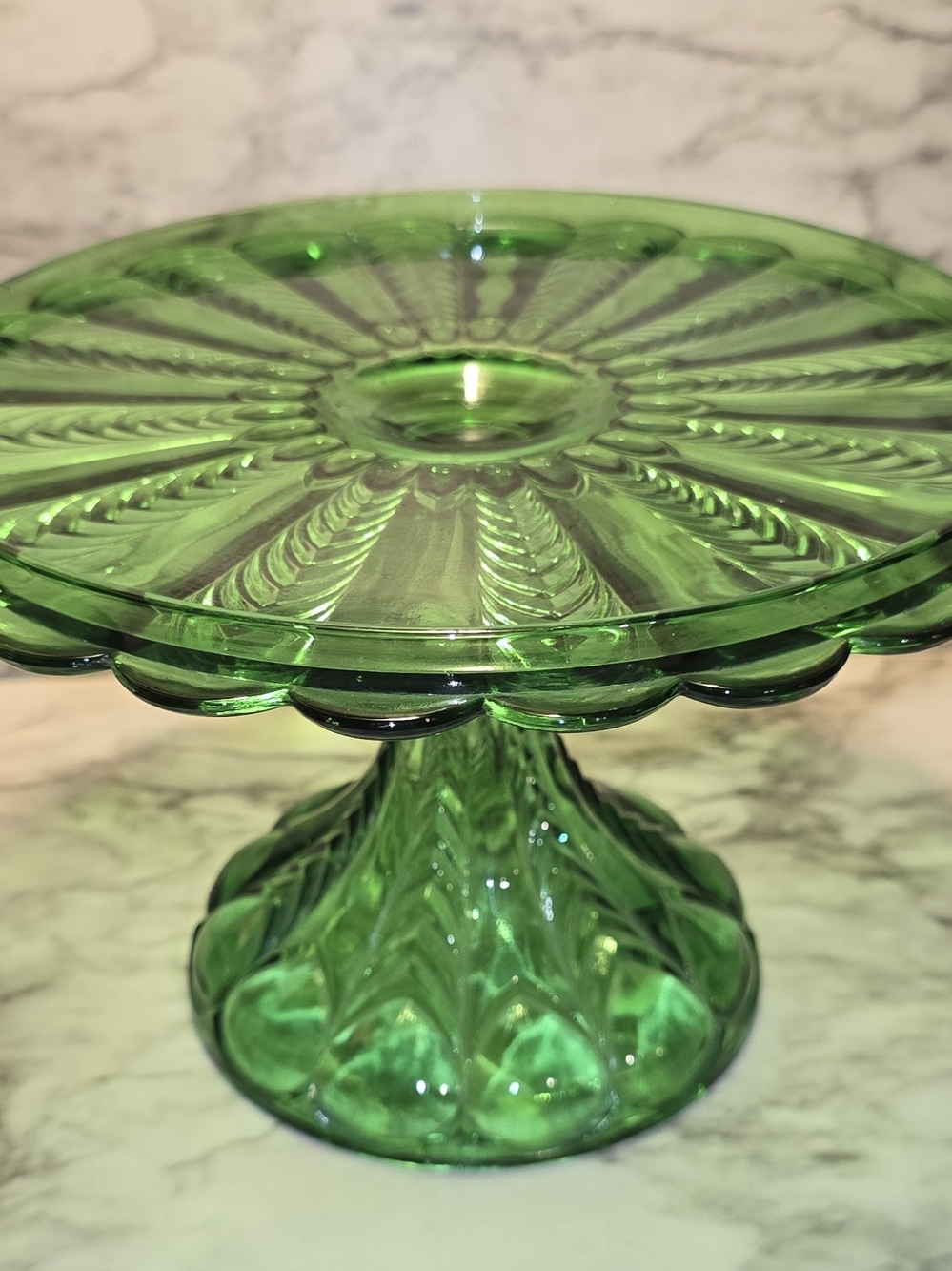 Antique EAPG Green Glass Pedestal Cake Plate Stand Florida Pattern